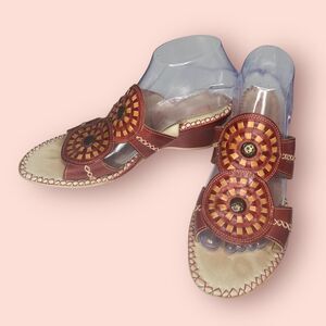 Pikolinos Red Leather Embroidered Slip On Sandal Wedges Sz 39